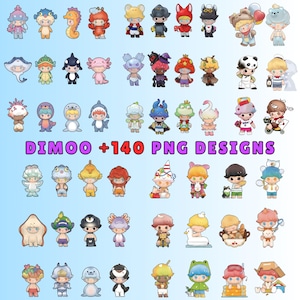 May include: A selection of colourful cartoon character designs, each with unique outfits and accessories. The image includes the text "DIMOO +140 PNG DESIGNS" in a vibrant purple font, suggesting a digital art or design product.