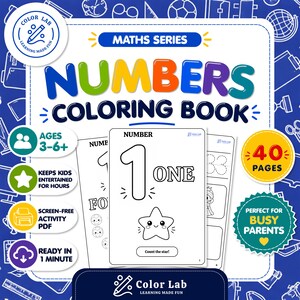 Può includere: Copertina colorata di un "Libro da colorare con i numeri" con il testo "Maths Series" e "Numbers Coloring Book". Il libro è per bambini dai 3 ai 6 anni e ha 40 pagine. Include anche il testo "Screen-Free Activity PDF".