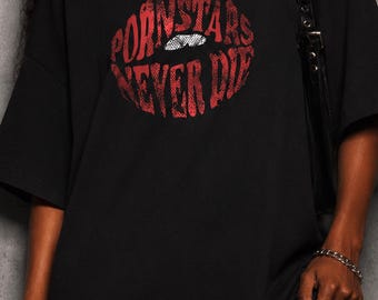 P*RNSTARS NEVER DIE Oversized T-Shirt, Dark Techno Graphic Tee, Gothic Underground Fashion