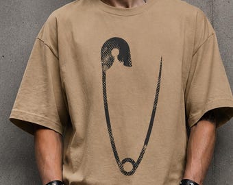 Safety Pin Oversized T-Shirt, Beige Streetwear Tee, Punk Graphic Shirt, Underground Techno Fashion