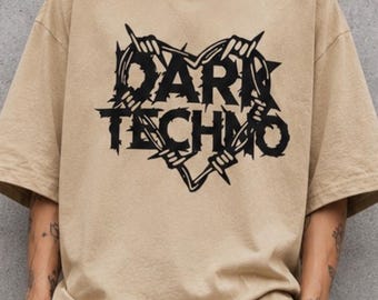 Dark Techno Oversized T-Shirt, Beige Streetwear Graphic Tee, Rave Outfit
