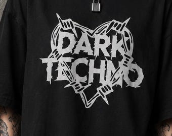 Dark Techno Shirt Oversized – Black Metal Heart Tee, Rave Outfit, Underground Clubwear