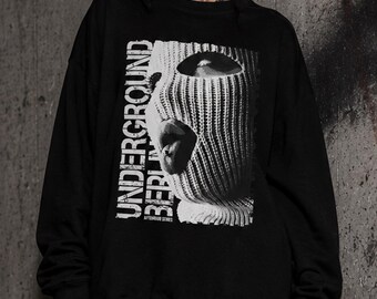 Underground Balaclava Sweatshirt, Grunge Streetwear Crewneck, Gothic Oversized Sweatshirt