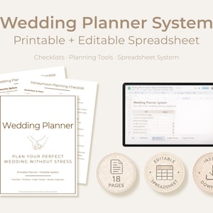 Puede incluir: Un sistema de planificación de bodas con una hoja de cálculo imprimible y editable. La imagen muestra un planificador, listas de verificación y una tableta que muestra la hoja de cálculo. Incluye iconos para 18 páginas, hoja de cálculo editable y descarga instantánea.