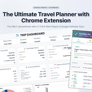 May include: A digital travel planner with a Chrome extension, featuring a trip dashboard, budget breakdown, and itinerary details. The interface displays travel dates, duration, and traveler count. The planner includes a currency converter and accommodation details.