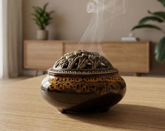 Ceramic Incense Burner with Lid, Coil Incense Holder, Zen Censer for Meditation, Antique Bronze Boho Home Decor Gift