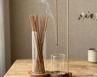 Glass Incense Holder with Wood Base, 2 in 1 Stick Storage and Ash Catcher, Anti Ash Floating Burner, Japandi Meditation Zen Decor Gift