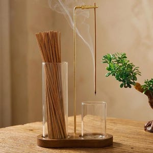 Glas Weihrauch Halter Set, Aschefänger Holzständer, Anti Asche Mess Free Zen Meditation Dekor, Japandi spirituelles Geschenk