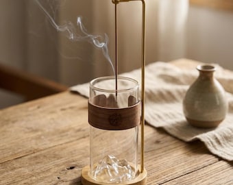Upside Down Glass Incense Stick Holder, Mountain Zen Ash Catcher, Bamboo Stand Minimalist Tea Room Meditation Mindfulness Yoga Decor Gift