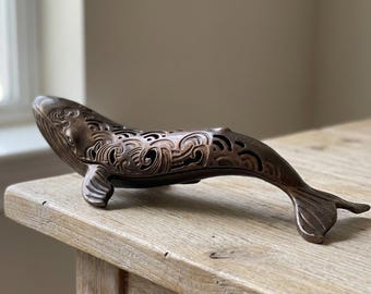 Whale Incense Burner, Hollow Carved Metal Incense Holder, Antique Bronze Statue, Ocean Home Decor, Unique Gift
