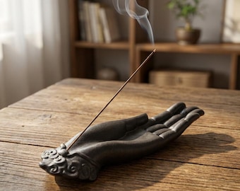 Buddha Hand Incense Holder, Ceramic Incense Stick Ash Catcher, Zen Buddhist Tea Meditation Yoga Aromatherapy Spiritual Gift Home Decor Black