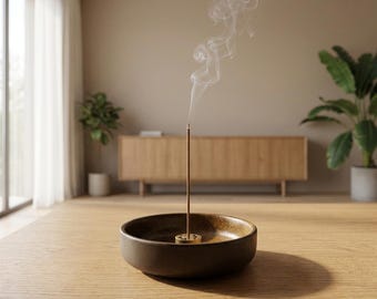Tigela de incenso de cerâmica com suporte de latão, coletor de cinzas Wabi Sabi, decoração para meditação Zen, queimador de incenso, presente para ela