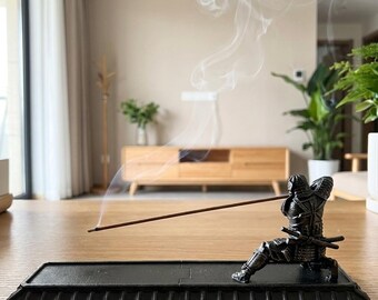 Samurai Incense Holder with Ash Catcher, Japanese Warrior Incense Burner, Zen Meditation Decor, Gift for Him
