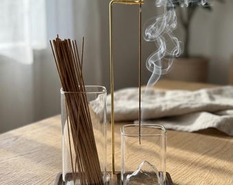 Glass Incense Holder Set, Bamboo Ash Catcher Wood Stand, Anti Ash Mess Free Zen Meditation Decor, Japandi Spiritual Gift Yoga Mindful Home