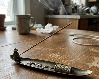 Brass Boat Incense Holder, Fisherman Incense Stick Burner, Zen Ash Catcher Tray, Meditation Decor, Gift for Him