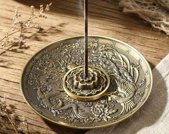 Metal Incense Stick Holder Plate, Dragon Phoenix Ash Catcher Tray, Antique Lotus Burner, Zen Meditation Altar Home Spiritual Decor Gift