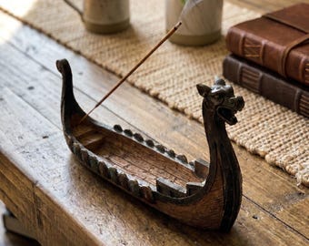Dragon Boat Incense Holder, Viking Longship Incense Burner Ash Catcher, Norse Gothic Fantasy Decor, Dragon Lover Altar Gift Viking Home Men
