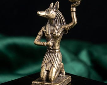Massiv mässing egyptisk Anubis-figur miniatyr skrivbordsprydnad retrostil forntida Egypten gudstaty rökelsehållare altardekor