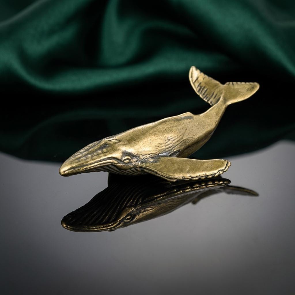 Solid Brass Whale Figurine - retro Style Sea Animal Desktop Ornament - Small Nautical Statue - Luxury Office Decor - Ocean Collectible