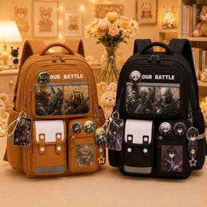 Puede incluir: Dos mochilas, una de color amarillo mostaza y otra negra, cada una con un bolsillo frontal con un estampado gráfico de soldados, el texto "OUR BATTLE", varios pines de estilo anime, dijes acrílicos colgantes y dos bolsillos utilitarios.