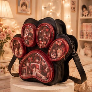Zaino Kawaii con zampa di gatto, finestra trasparente, in pelle PU, zaino a tracolla giapponese, borsa con spille