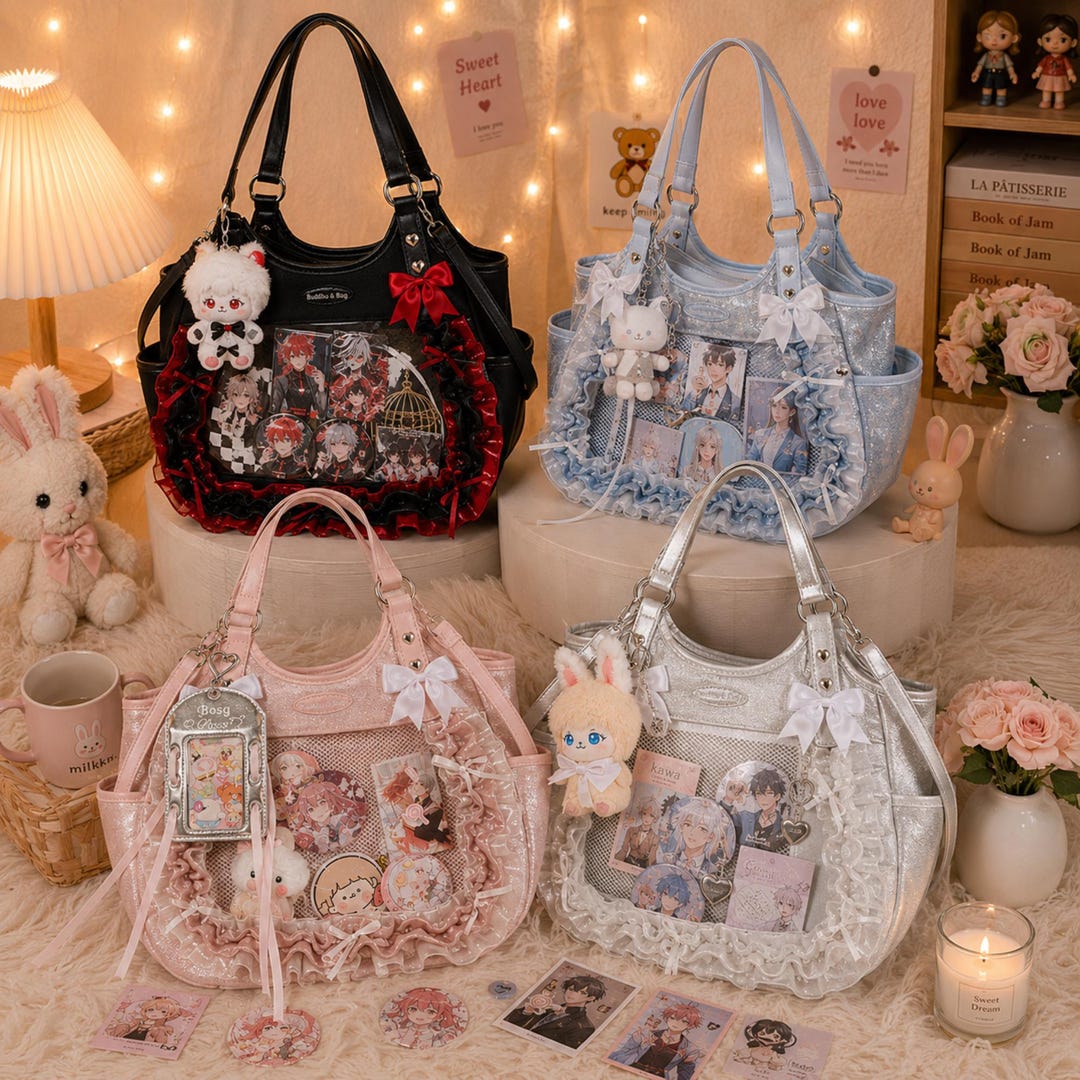 Kawaii Ruffle Ita Tote Bag, Large Transparent Display Shoulder Bag