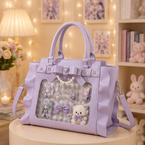 Kawaii Heart Bow Ita Handbag Transparent Display Window Pearl PU Leather Japanese Crossbody Shoulder Bag