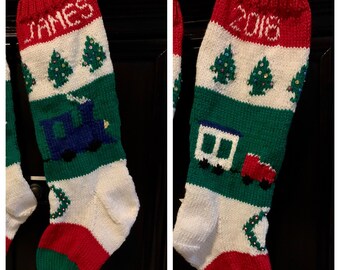 Personalized Handmade Knitted Christmas Stocking *Wool Available*- Tree Train & Wreath design - Ready for Christmas 2024