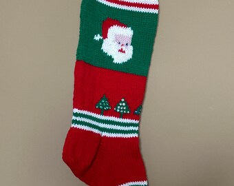 Personalized Handmade Knitted Christmas Stocking *Wool Available* Santa with fuzzy beard & small trees - Ready for Christmas 2024