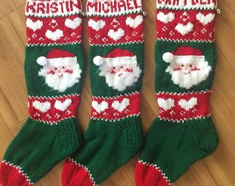 Personalized Handmade Knitted Christmas Stocking *Wool Available* Santa & Hearts - Ready for Christmas 2024