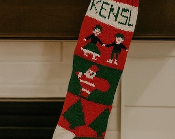 Personalized Handmade Knitted Christmas Stocking *Wool Available* - Dancing Kids, Santa & Trees - Ready for Christmas 2025
