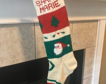 Personalized Handmade Knitted Christmas Stocking *Wool Available* Fuzzy beard Santa with Holly - Ready for Christmas 2024