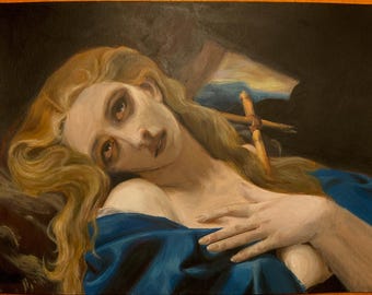 Reproduktion der Darstellung der Maria Magdalena in der Höhle, Acryl auf dickem Papier