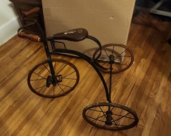Antique 1890-1910 Authentic Iron Tricycle with Wooden and Iron Wheels.