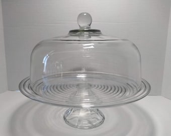 Vintage 1940s Anchor Hocking Manhattan Pattern 3in1 Domed Pedestal Cake Stand / Punch Bowl / Appetizer Platter