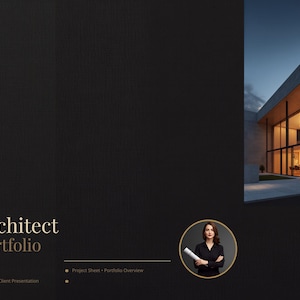 May include: An architect portfolio template featuring a dark background with the text Architect Portfolio, Client Presentation, Project Sheet, and Portfolio Overview. A circular inset shows a person in a black shirt holding a white rolled document.