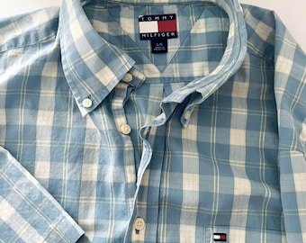 Vintage Tommy Hilfiger Plaid Shirt • Size L • Blue White Short Sleeve Cotton Shirt
