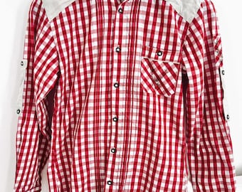 Vintage Alpin de Luxe Bavarian Trachten Check Shirt • Size S • Red& White Oktoberfest Shirt • Deer Embroidery