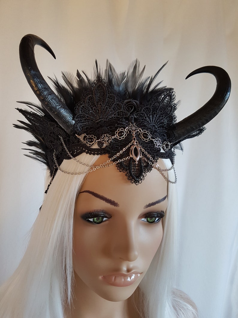 Horned Headdress Headband Headpiece Crown Horns Feathers Roses | Etsy