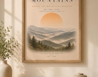 Väggkonst i Great Smoky Mountains, nationalparkstryck, dimmigt bergslandskapsaffisch, inramad naturdekor