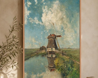 Vintage Windmill Landscape Art, Dutch Countryside Framed Print, European Cottage Wall Decor