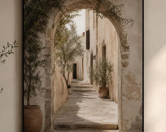 Mediterranean Alley Archway Print, Neutral European Courtyard Wall Art