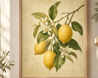 Vintage Lemon Branch Botanical Print, Mediterranean Kitchen Wall Art