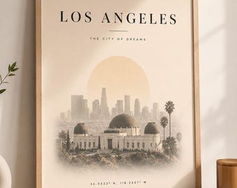 Los Angeles Griffith Observatory Print, Vintage Travel Wall Art, Neutral California Poster