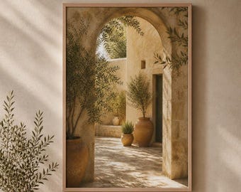 Mediterranean Courtyard Archway Print, Olive Tree Stone Wall Decor