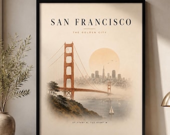 San Francisco Golden Gate Bridge Framed Art, Vintage City Travel Poster