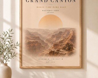 Inramad väggkonst i Grand Canyon nationalpark, landskapstryck i Arizona, vintage reseaffisch, neutral ökendekor