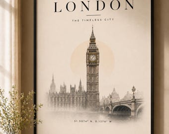 Vintage London Big Ben Framed Wall Art, Neutral City Print