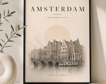 Amsterdam Canal City Print, Neutral Minimalist Wall Art Poster