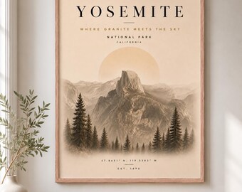 Yosemite nationalpark-tryck, minimalistisk väggkonst med landskap i Kalifornien